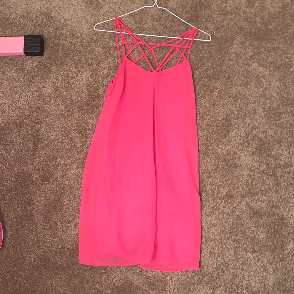 Neon pink strappy summer mini dress